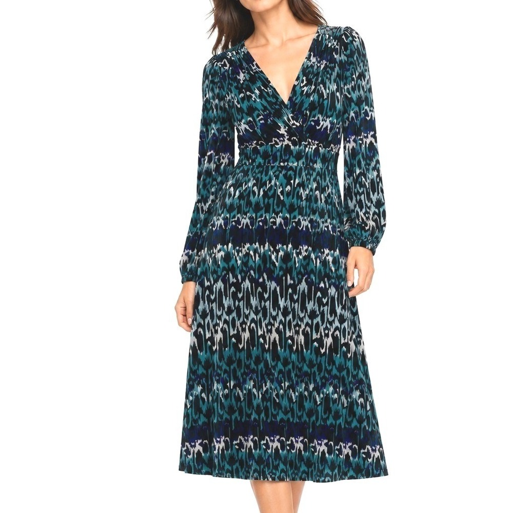 Womens XS Blue Black Ikat Print Long Sleeve Midi Dress 90s Y2K Boho